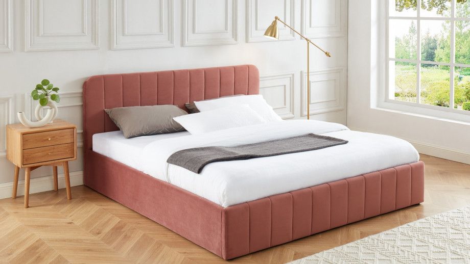 Lit coffre AVA 180x200 en velours rose blush avec tête de lit ELLE