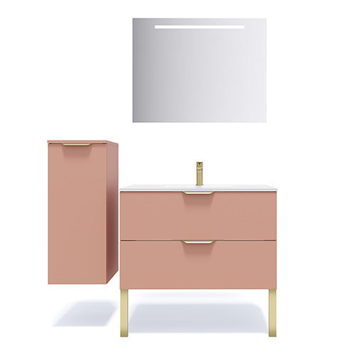Meuble de salle de bain suspendu vasque intégrée 90cm 2 tiroirs Abricot + miroir + colonne ouverture gauche - Swing