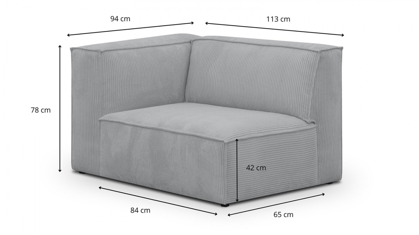 Canapé d'angle à droite modulable avec méridienne 5 places en velours côtelé gris clair - Rezia