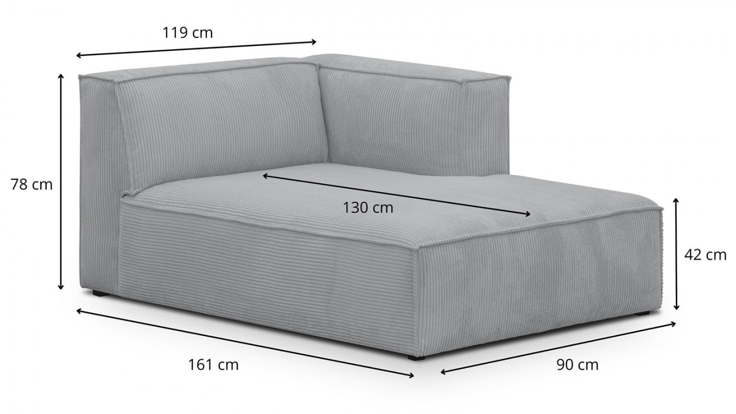 Canapé d'angle à droite modulable avec méridienne 5 places en velours côtelé gris clair - Rezia