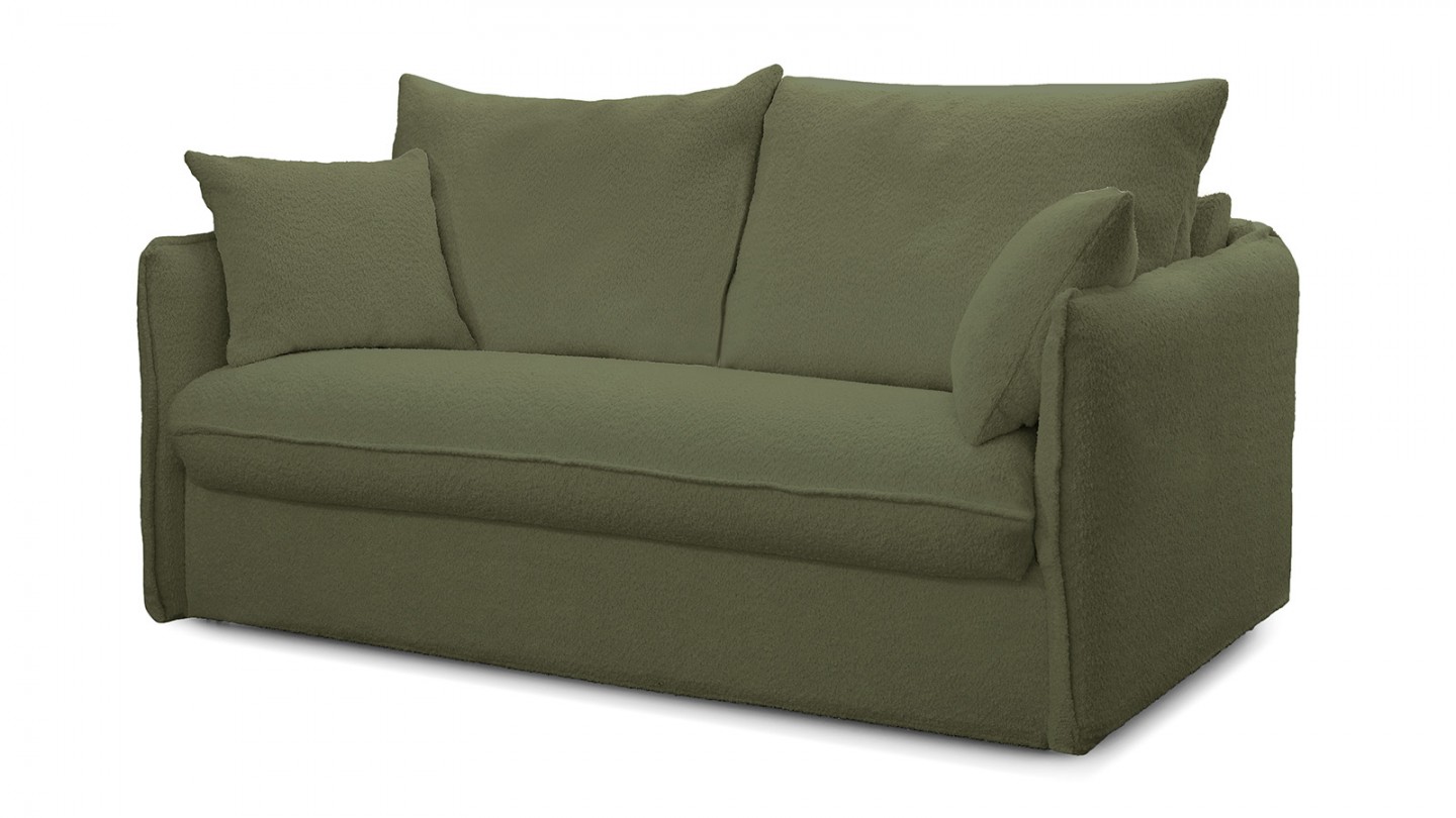 Canapé convertible 3 places en tissu bouclette vert kaki - ouverture express - Gina