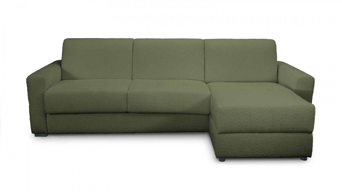 Canapé d'angle convertible réversible 5 places en tissu bouclette vert kaki - ouverture express - Andrea