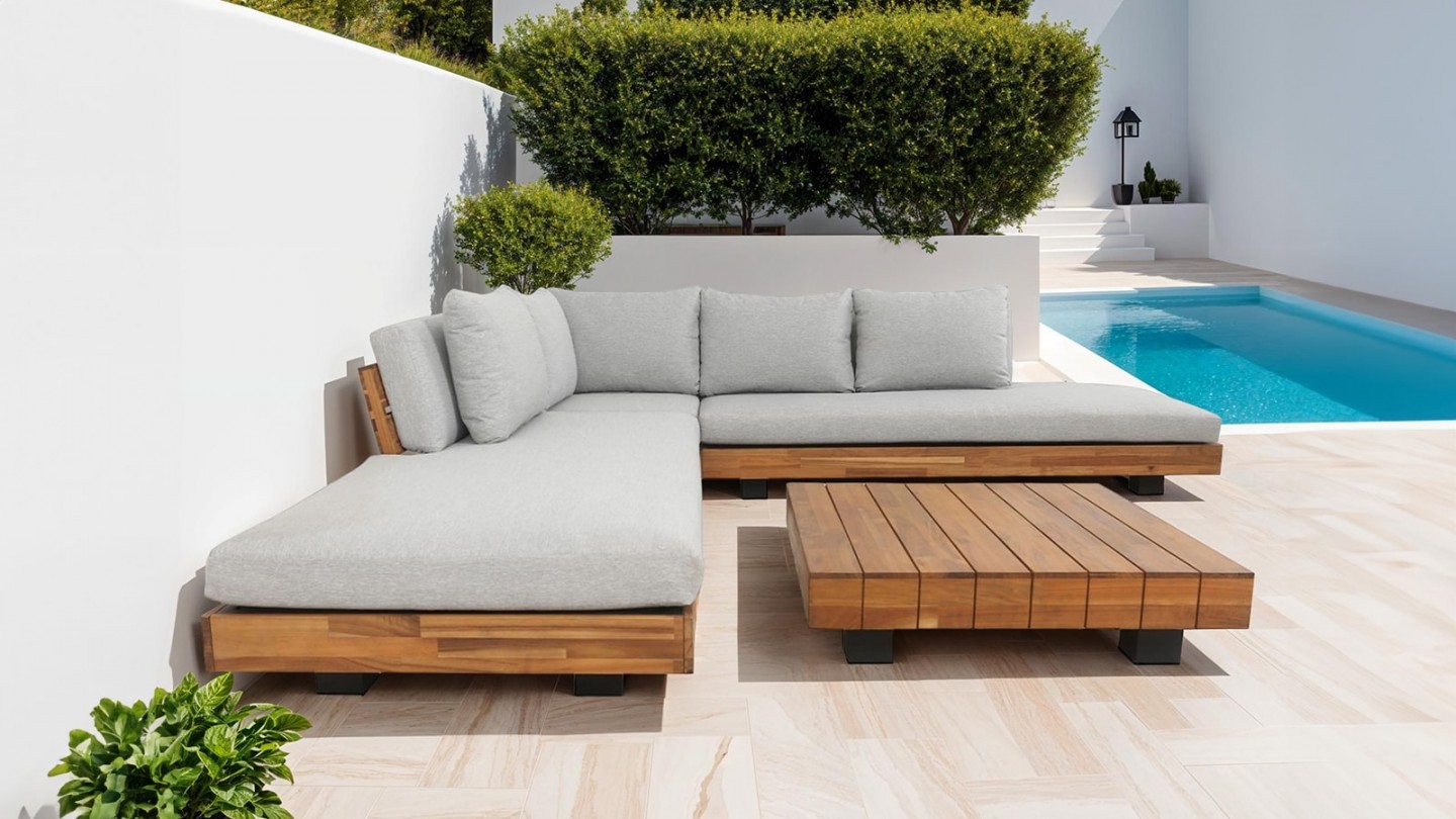 Salon de jardin d'angle 5 places en bois FSC et coussins gris chiné - Capri
