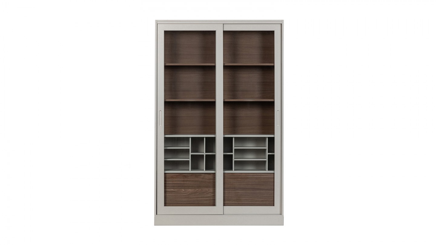 Vaisselier 2 portes coulissantes en bois effet noyer et gris clair 125 cm - James