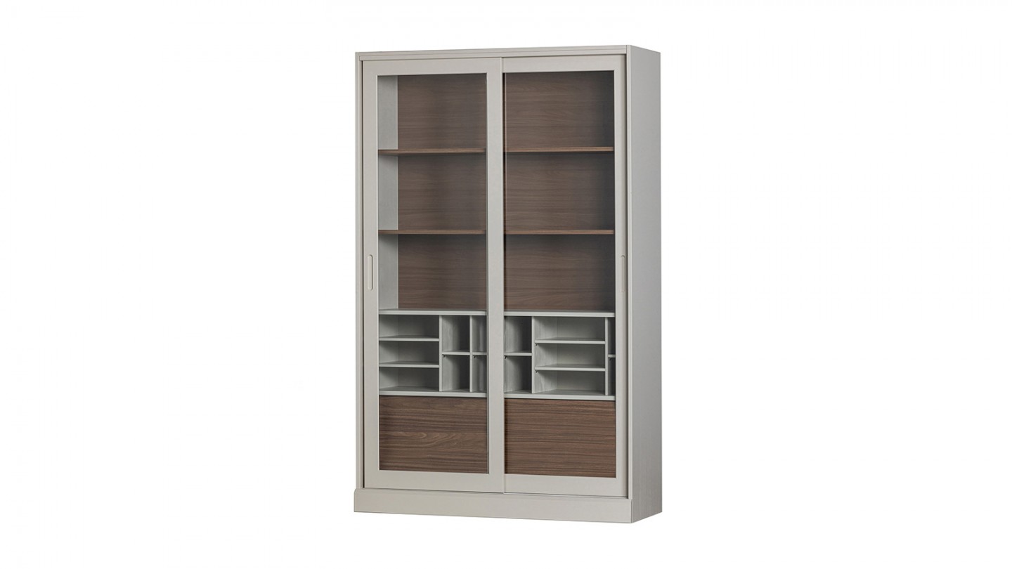 Vaisselier 2 portes coulissantes en bois effet noyer et gris clair 125 cm - James