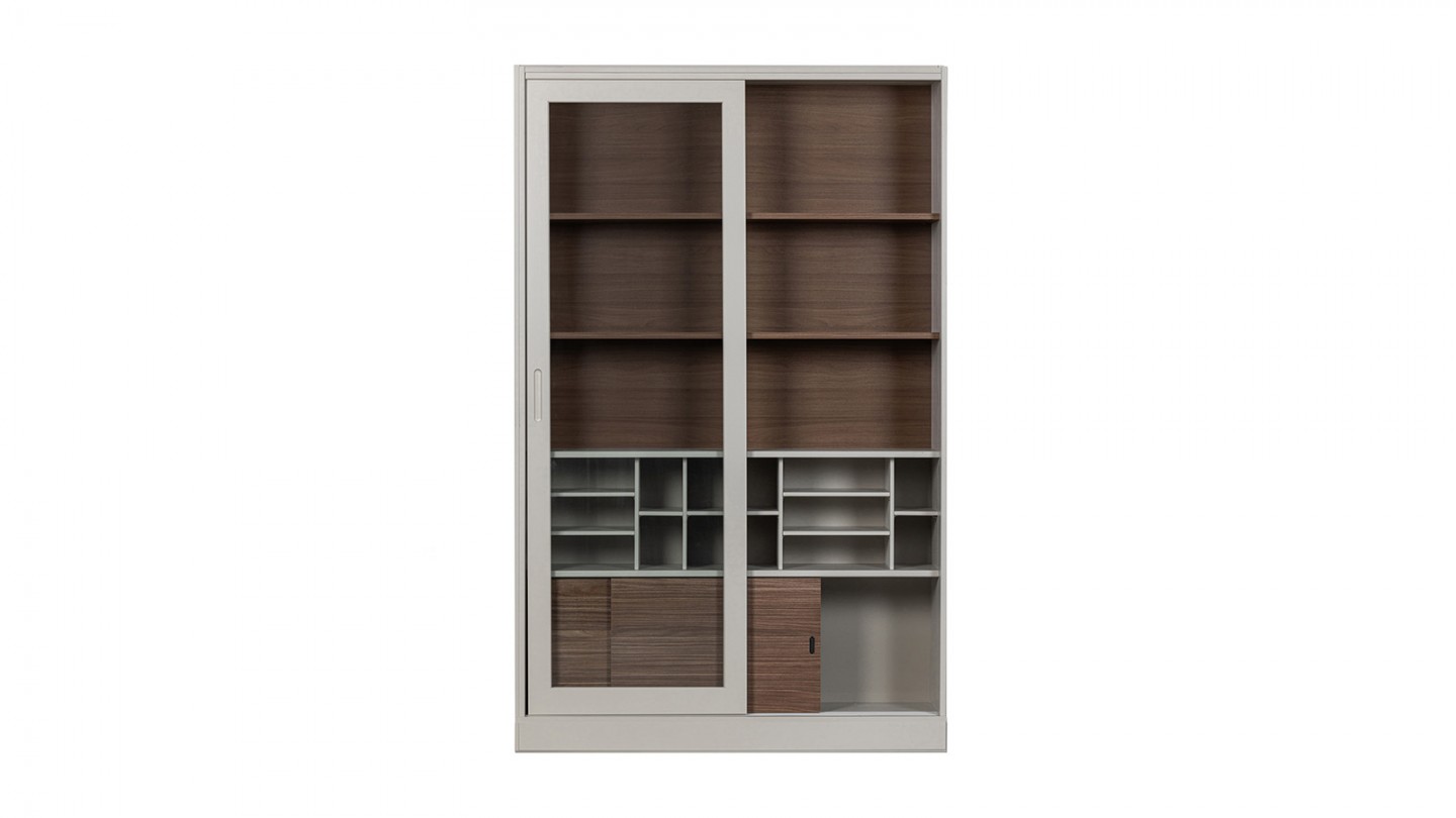 Vaisselier 2 portes coulissantes en bois effet noyer et gris clair 125 cm - James