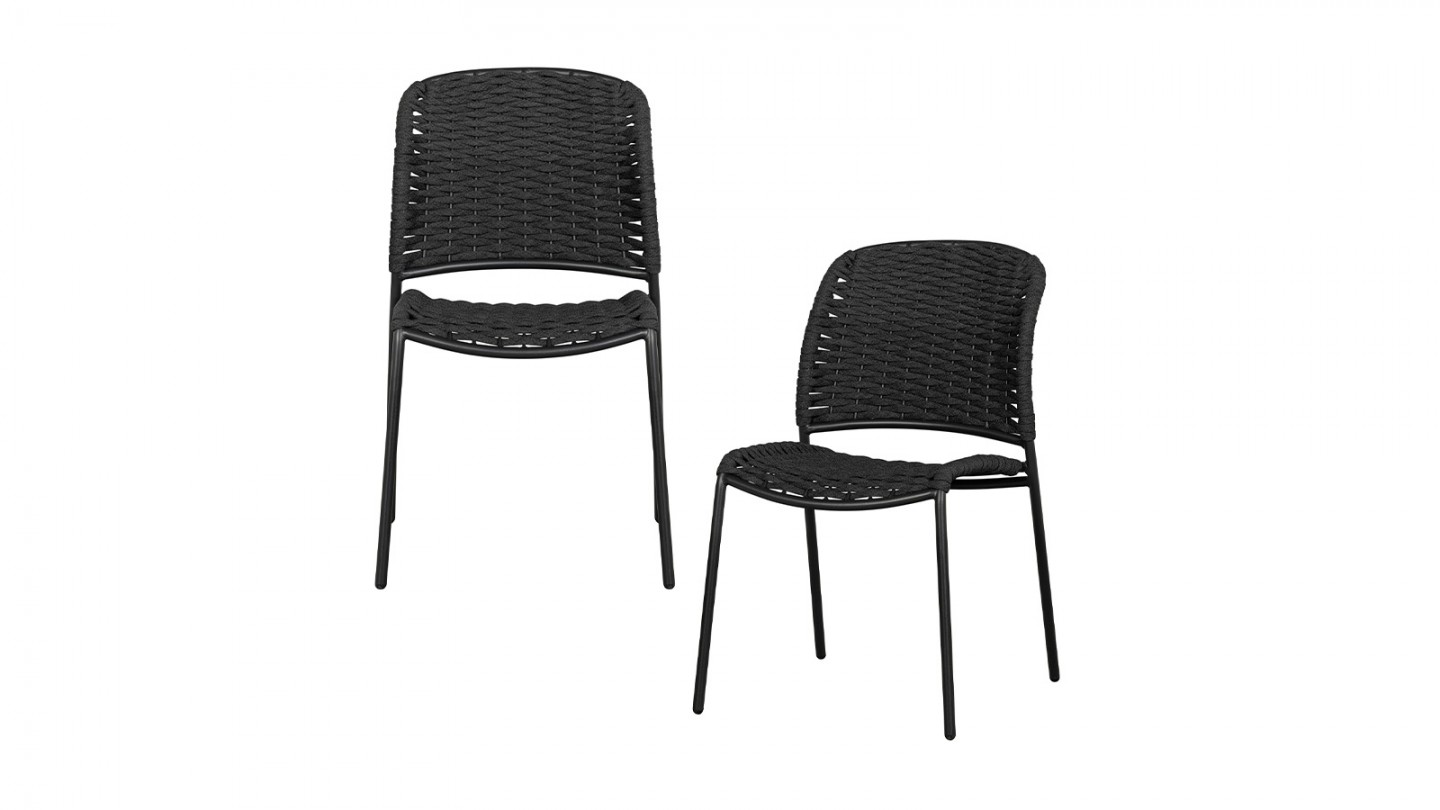 Lot de 2 chaises de jardin sans accoudoirs en corde et aluminium noir - Taku