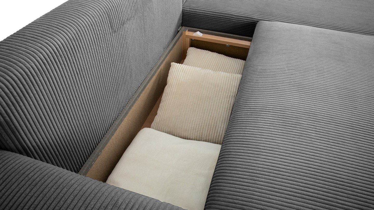 Canapé d'angle convertible réversible 3/4 places en velours côtelé gris anthracite avec coffre de rangement - Uma