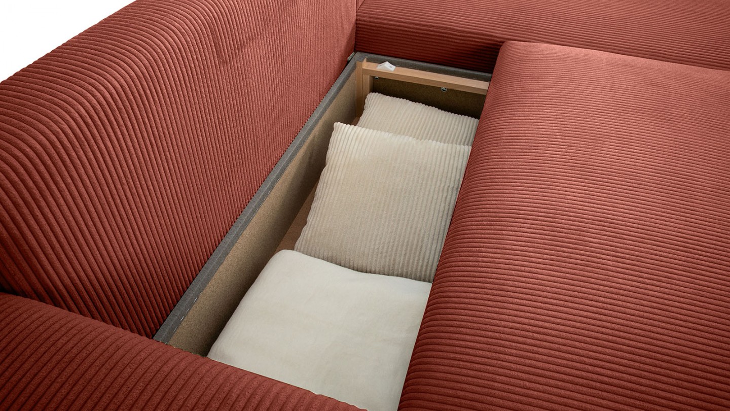 Canapé d'angle convertible réversible 3/4 places en velours côtelé rouille avec coffre de rangement - Uma