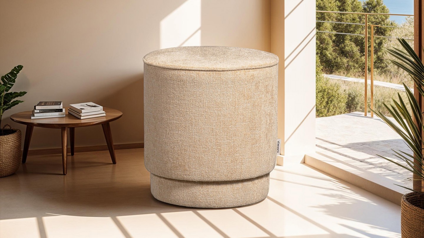 Pouf en tissu chenille beige - Pearl