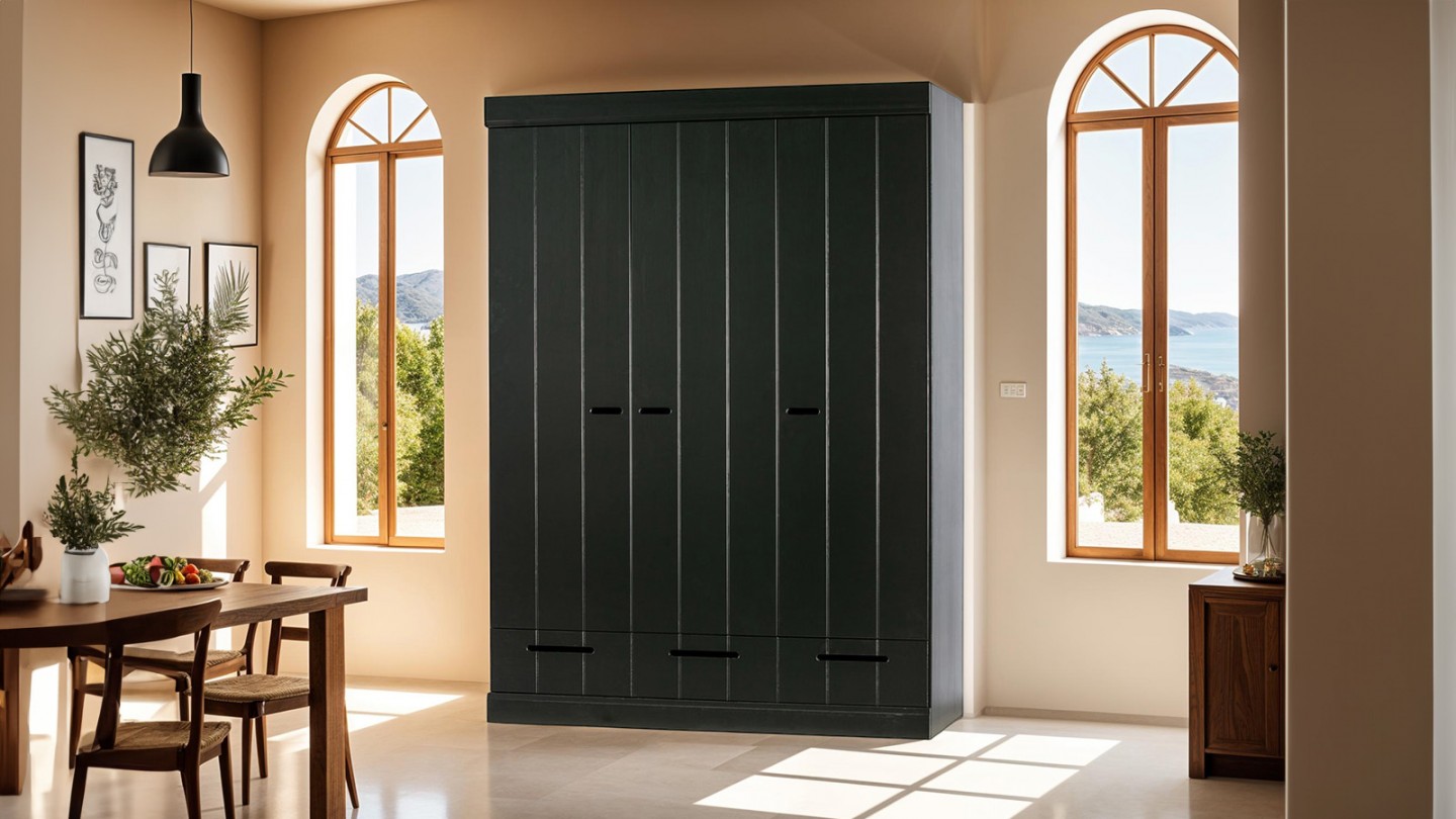 Armoire 3 portes 3 tiroirs en pin noir - Collection Connect - Woood