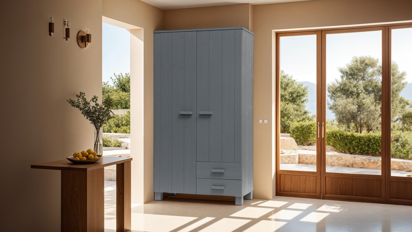 Armoire 2 portes 2 tiroirs en pin gris anthracite - Collection Dennis - Woood