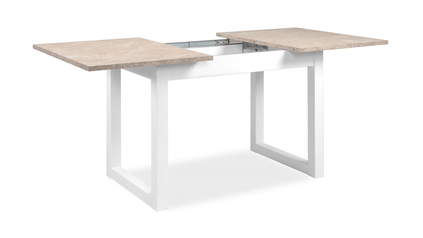 Table à manger extensible 6/8 personnes effet travertin et blanc 120/160 cm - Marlon