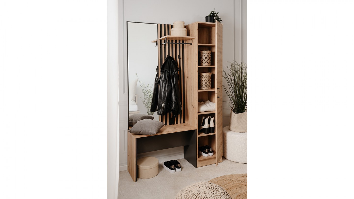 Vestiaire 2 portes avec miroir effet chêne et gris anthracite 122 cm - Flavia