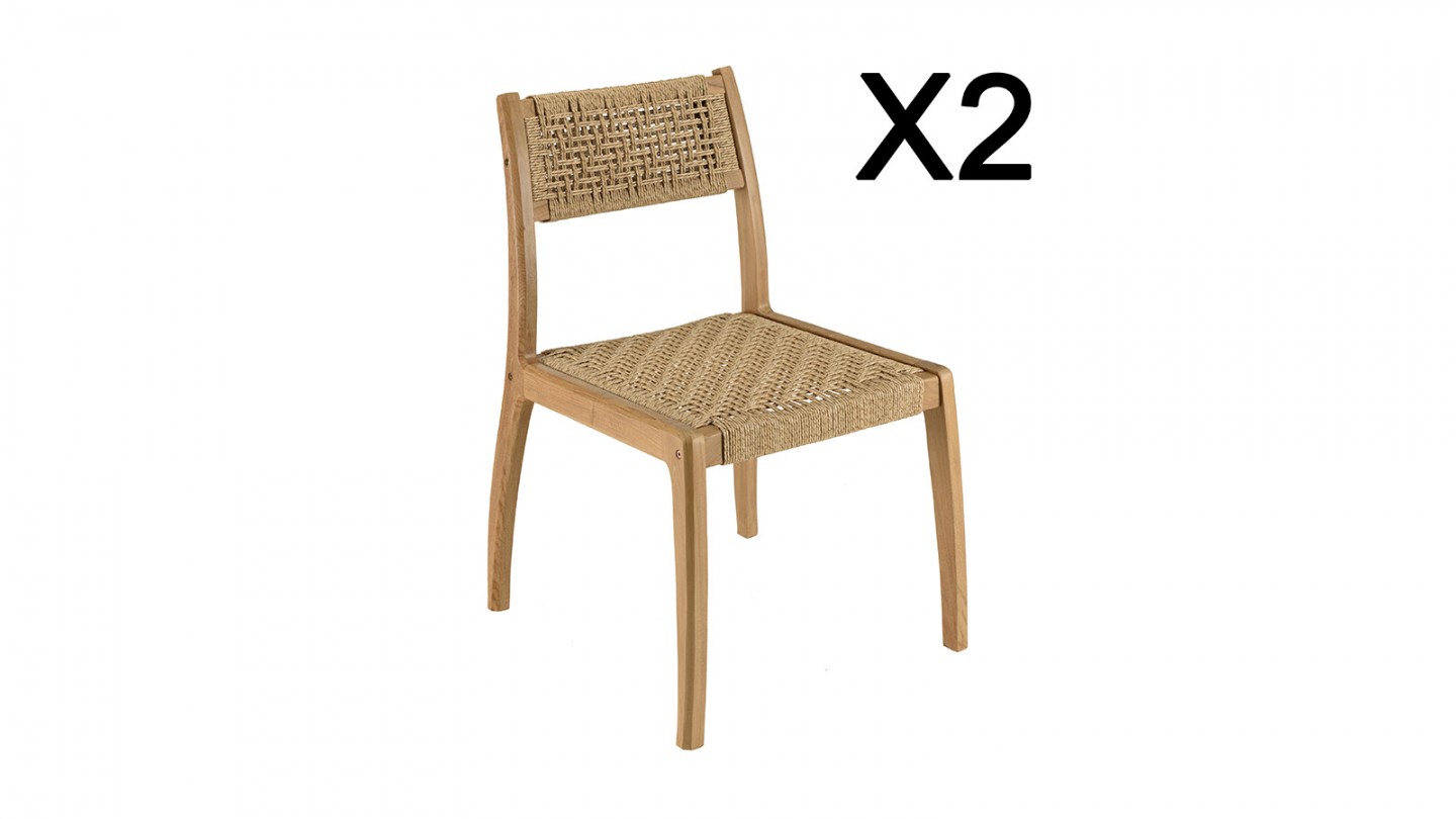 Lot de 2 chaises jardin teck rotin synthétique tressé beige VALERIA