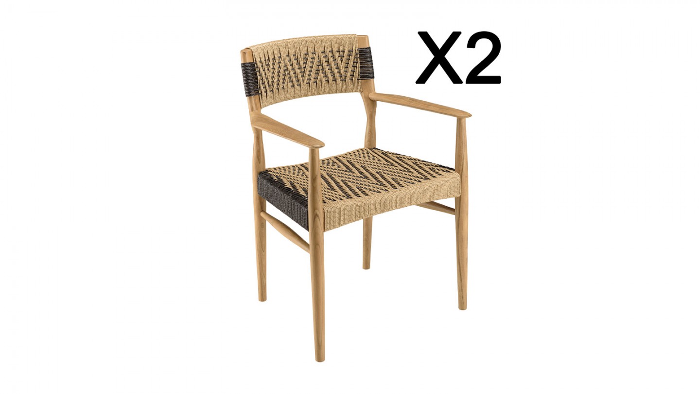 Lot de 2 fauteuils jardin teck rotin synthétique beige / noir VALERIA