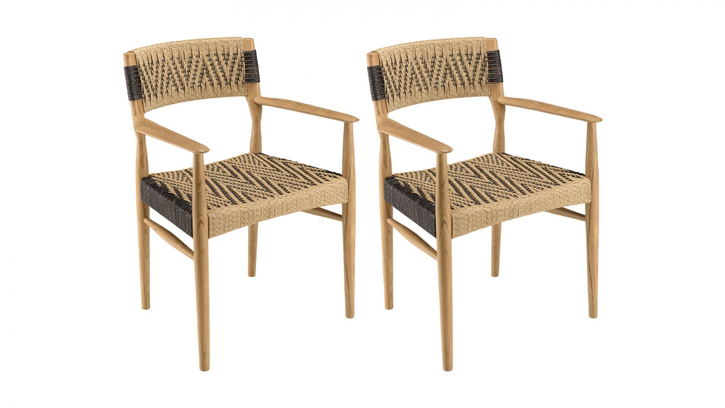 Lot de 2 fauteuils jardin teck rotin synthétique beige / noir VALERIA