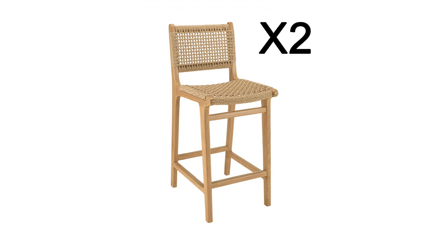 Lot de 2 tabourets bar de jardin teck rotin synthétique beige VALERIA