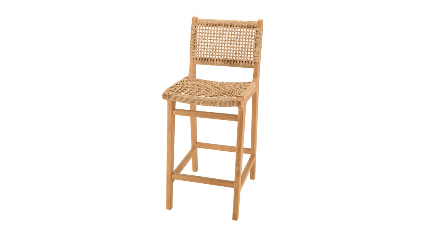 Lot de 2 tabourets bar de jardin teck rotin synthétique beige VALERIA