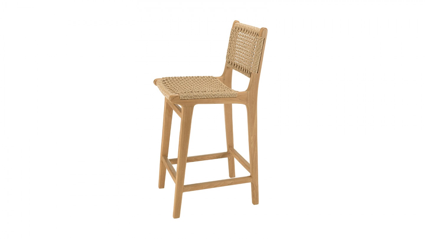 Lot de 2 tabourets bar de jardin teck rotin synthétique beige VALERIA