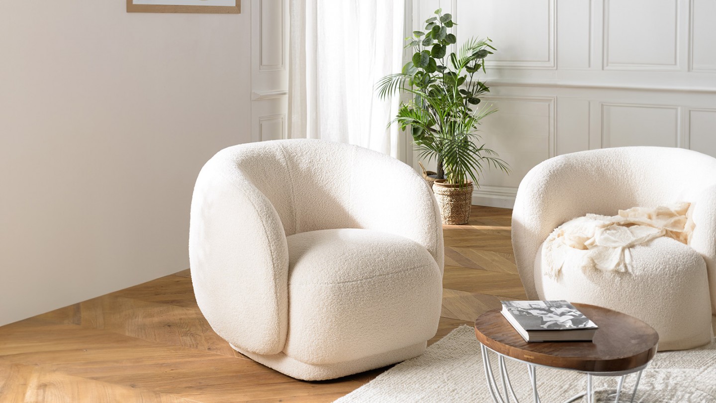 Fauteuil arrondi en tissu bouclette écru - Leopold