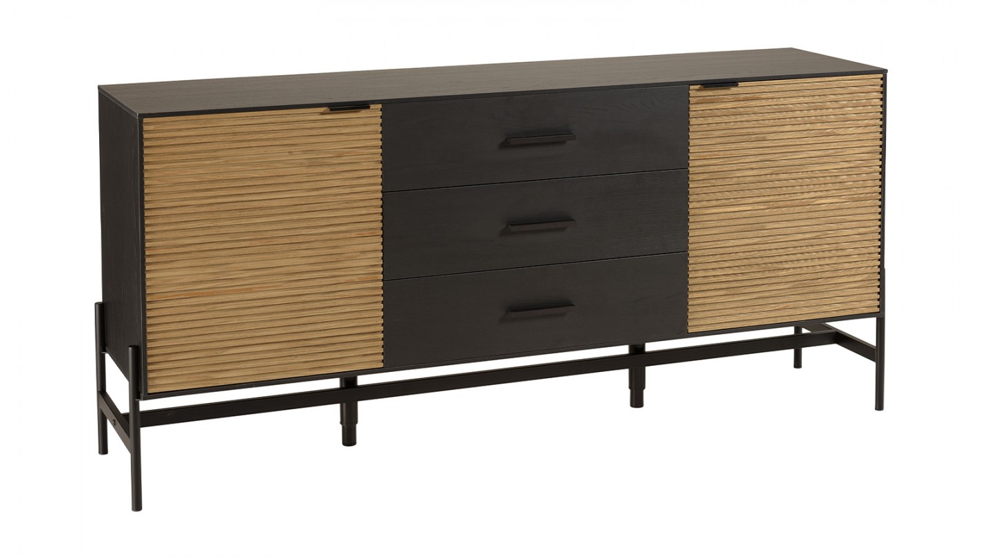 Buffet 3 tiroirs 2 portes en pin pieds métal 165 cm - Charlie