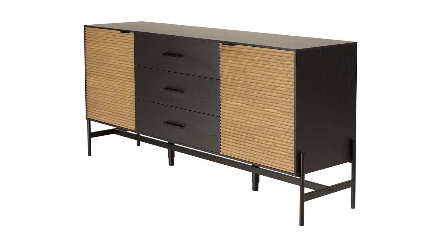 Buffet 3 tiroirs 2 portes en pin pieds métal 165 cm - Charlie