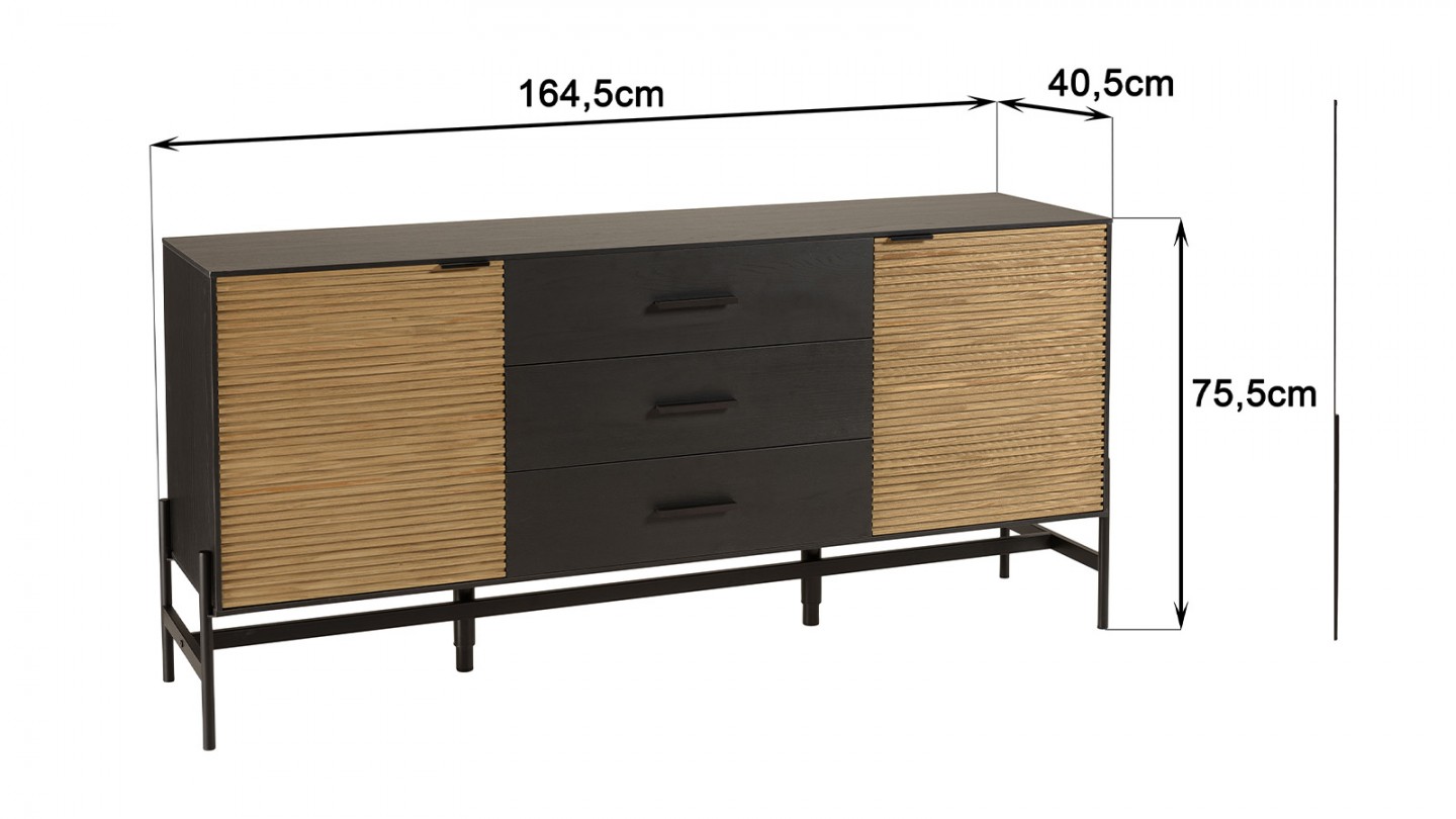 Buffet 3 tiroirs 2 portes en pin pieds métal 165 cm - Charlie