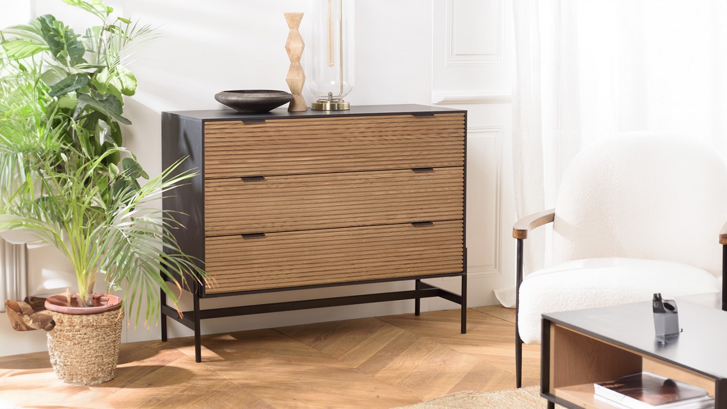 Commode noire et bois rainuré 103cm - Charlie