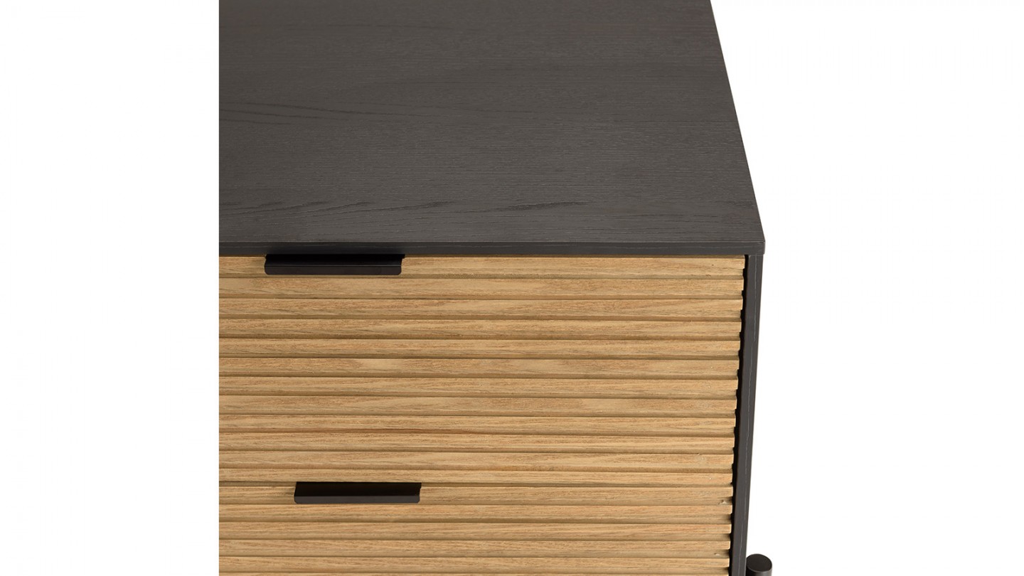 Table de chevet noire en bois rainuré 2 tiroirs- Charlie