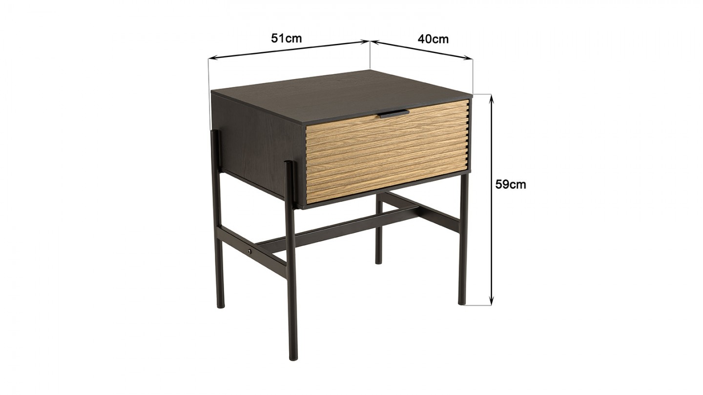 Table de chevet noire en bois rainuré 1 tiroir - Charlie