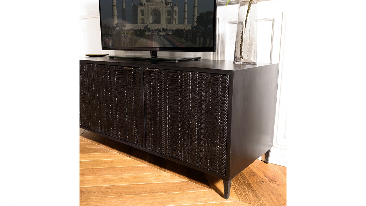 Meuble TV en manguier noir sculptés 140cm - Gloria