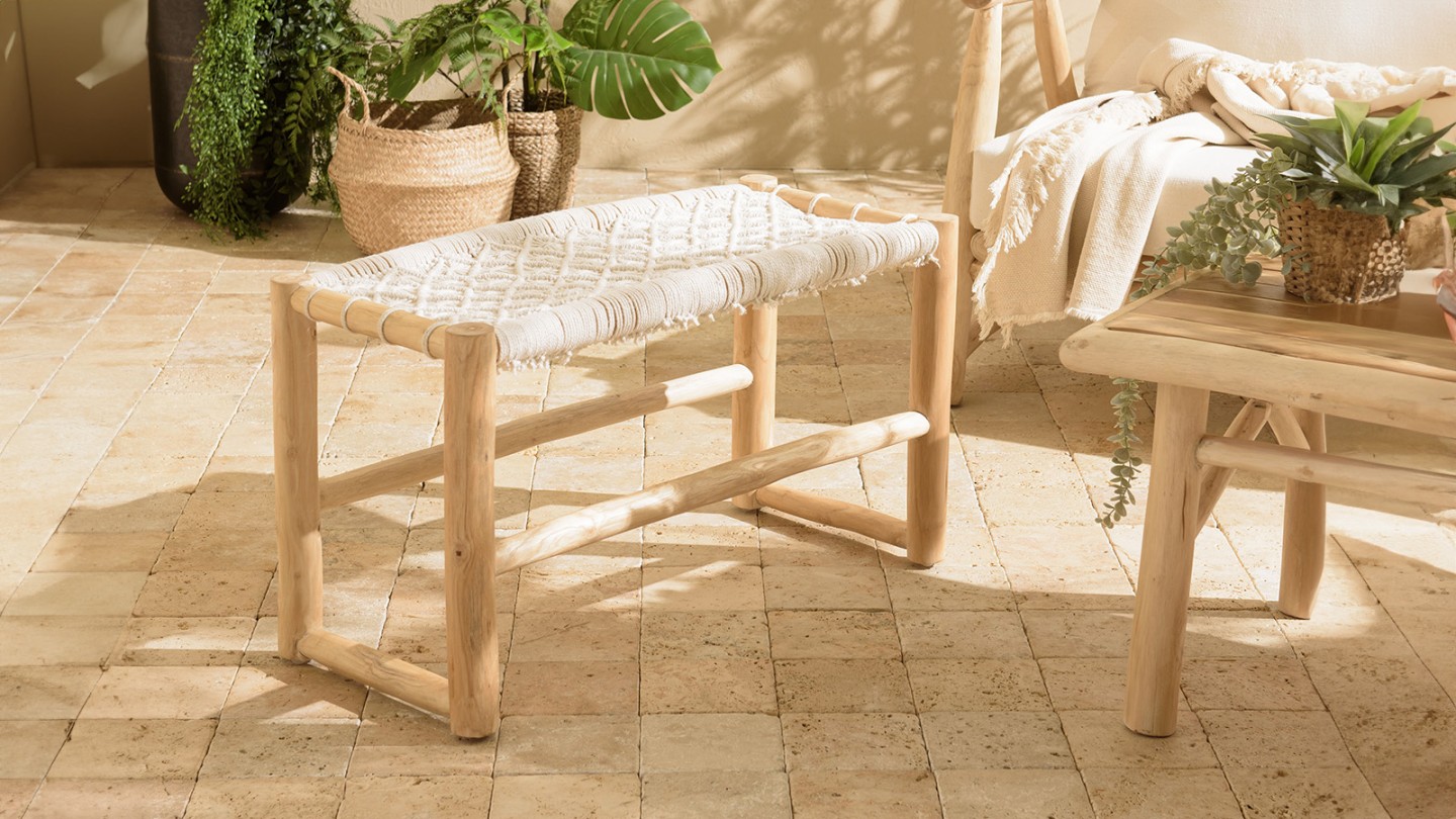 Banc en teck naturel assise en macramé blanc 80 cm - Will