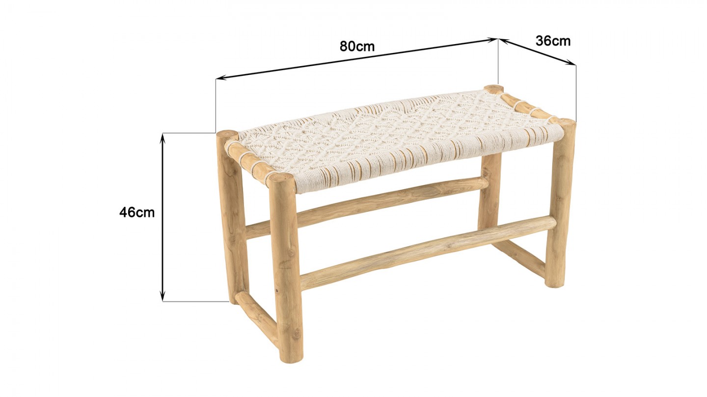 Banc en teck naturel assise en macramé blanc 80 cm - Will