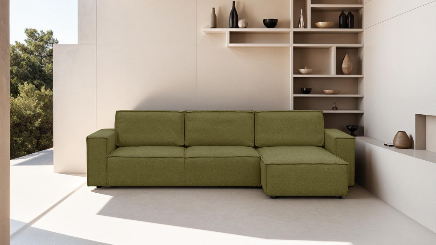 Canapé d'angle 5 places convertible réversible avec coffre de rangement en tissu vert olive - Harper New