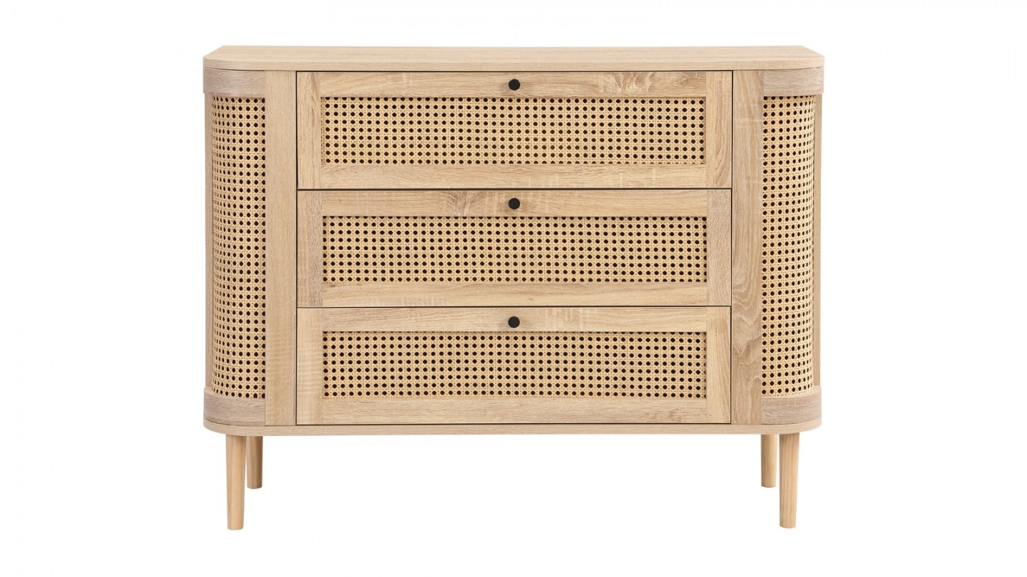 Commode 3 tiroirs couleur chêne et cannage 105 cm - Bali