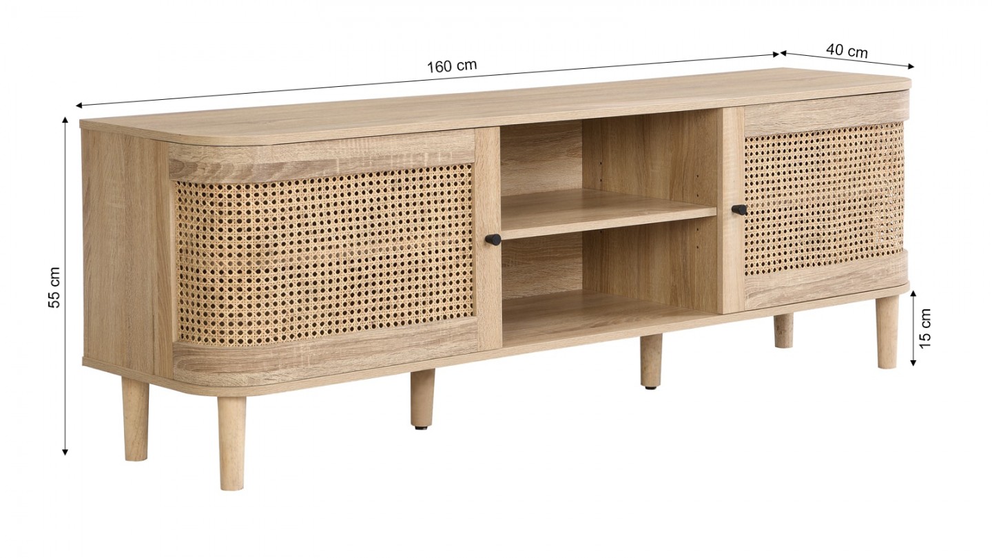 Meuble TV 2 portes couleur chêne et cannage 160 cm - Bali