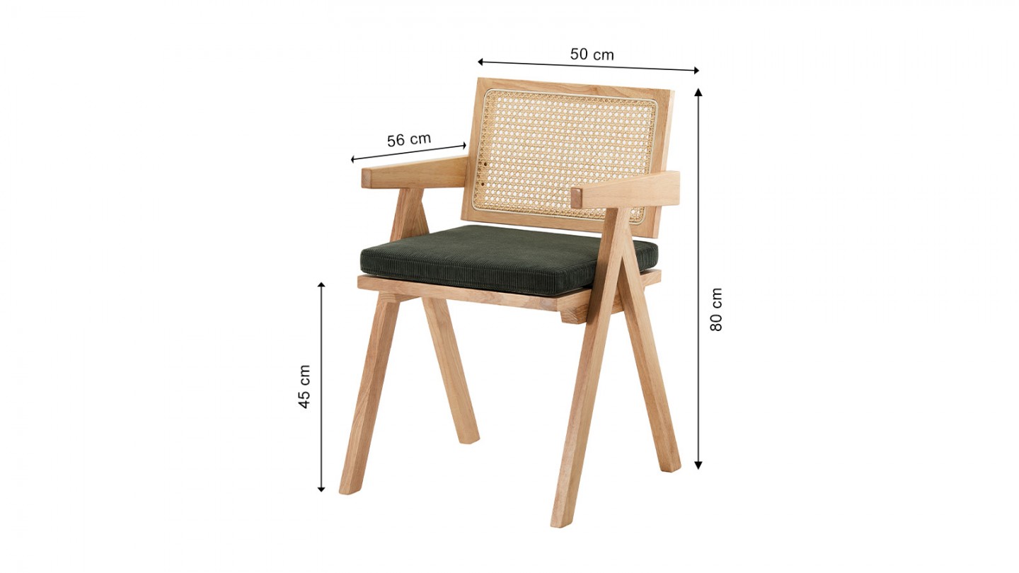 Chaise en bois massif, cannage naturel et velours côtelé vert - Lina