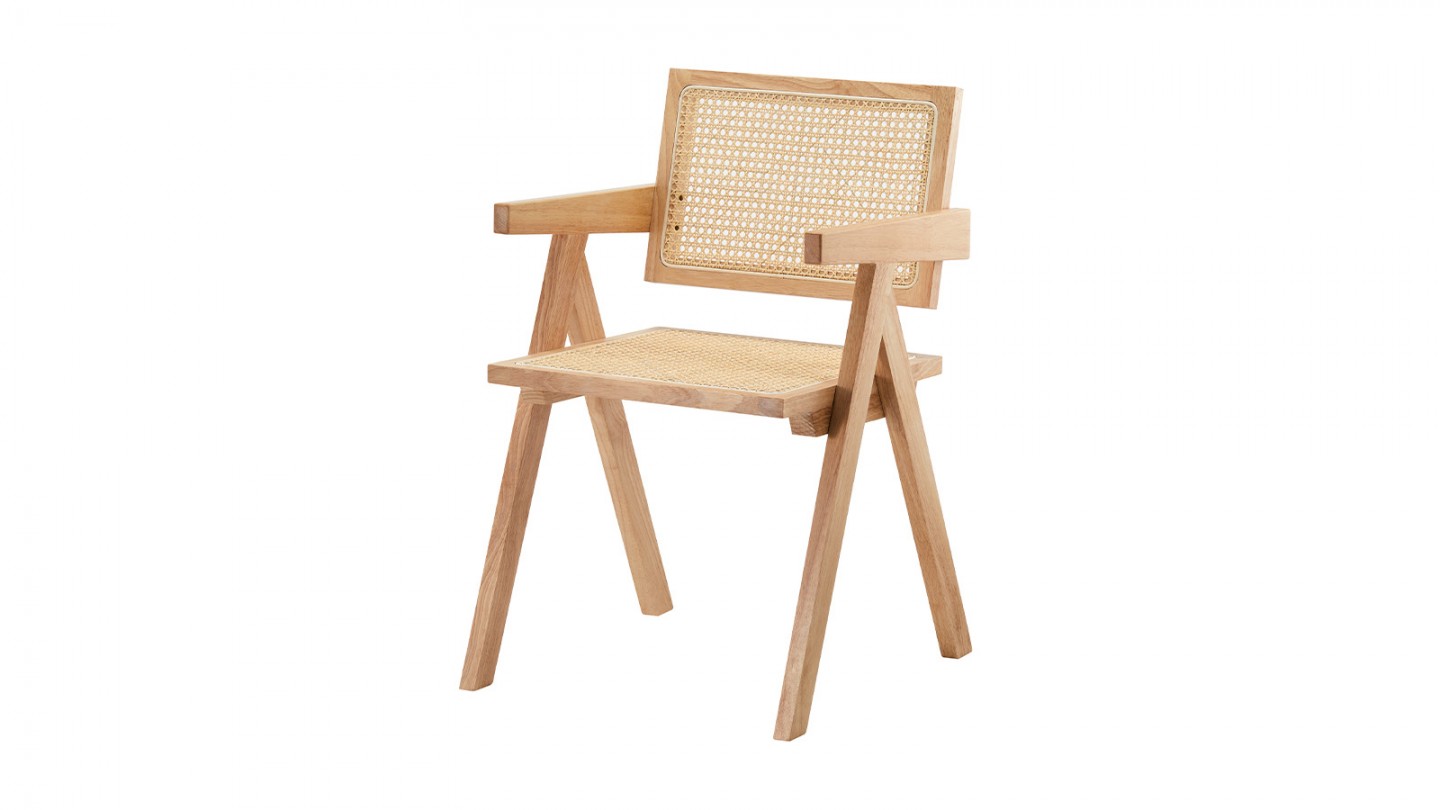 Chaise en bois massif, cannage naturel et velours côtelé beige - Lina