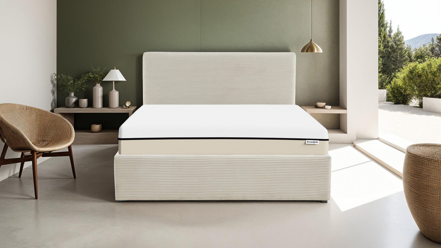 Ensemble lit coffre 140x190 en velours côtelé beige Tina + Matelas Hybride ressorts ensachés + mémoire de forme - Spring Elite