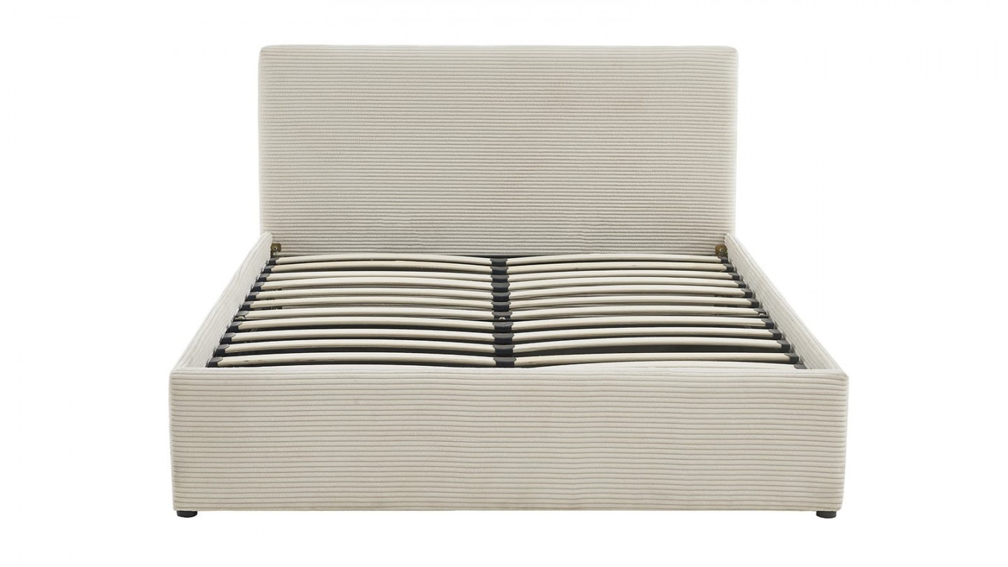 Ensemble lit coffre 140x190 en velours côtelé beige Tina + Matelas Hybride ressorts ensachés + mémoire de forme - Spring Elite