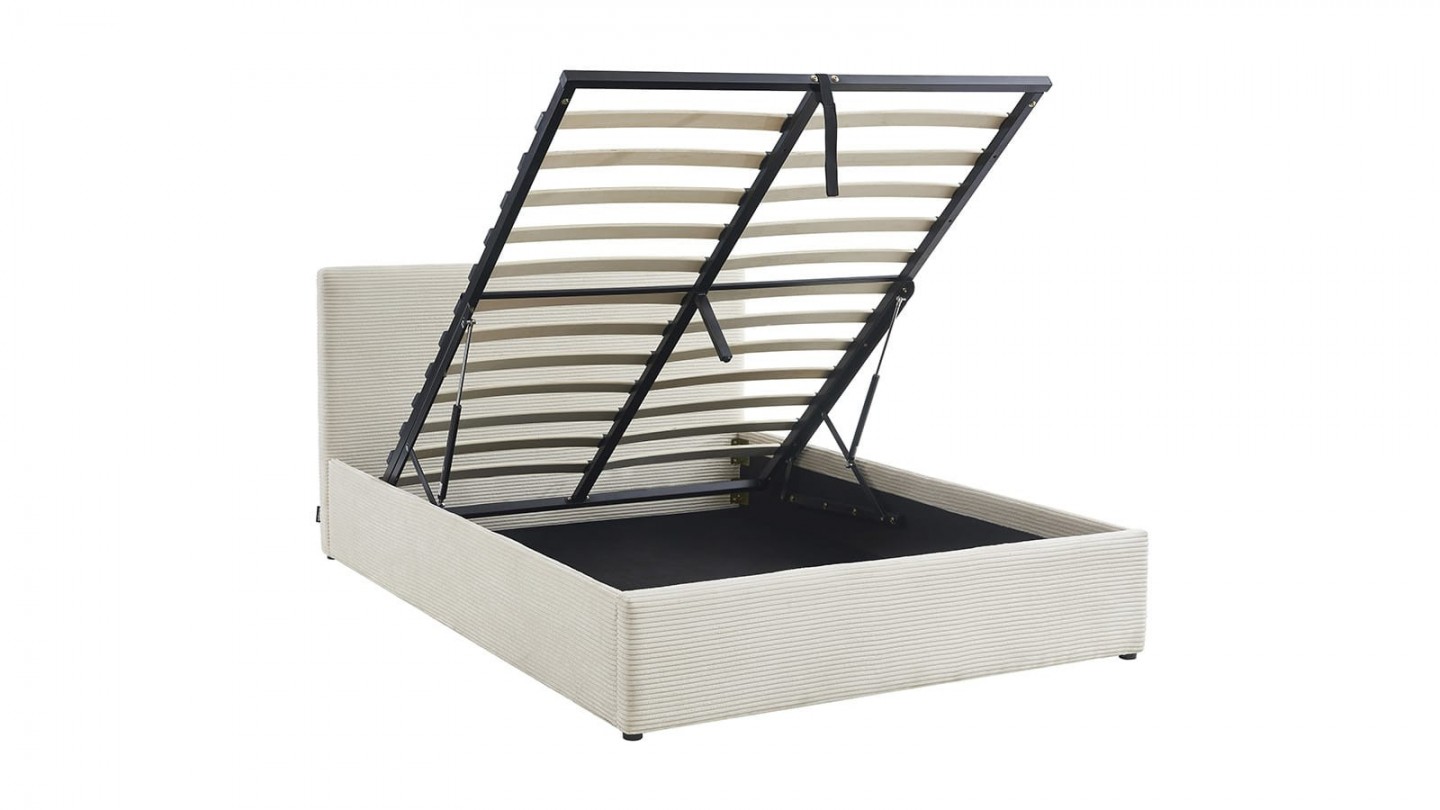 Ensemble lit coffre 140x190 en velours côtelé beige Tina + Matelas Hybride ressorts ensachés + mémoire de forme - Spring Elite