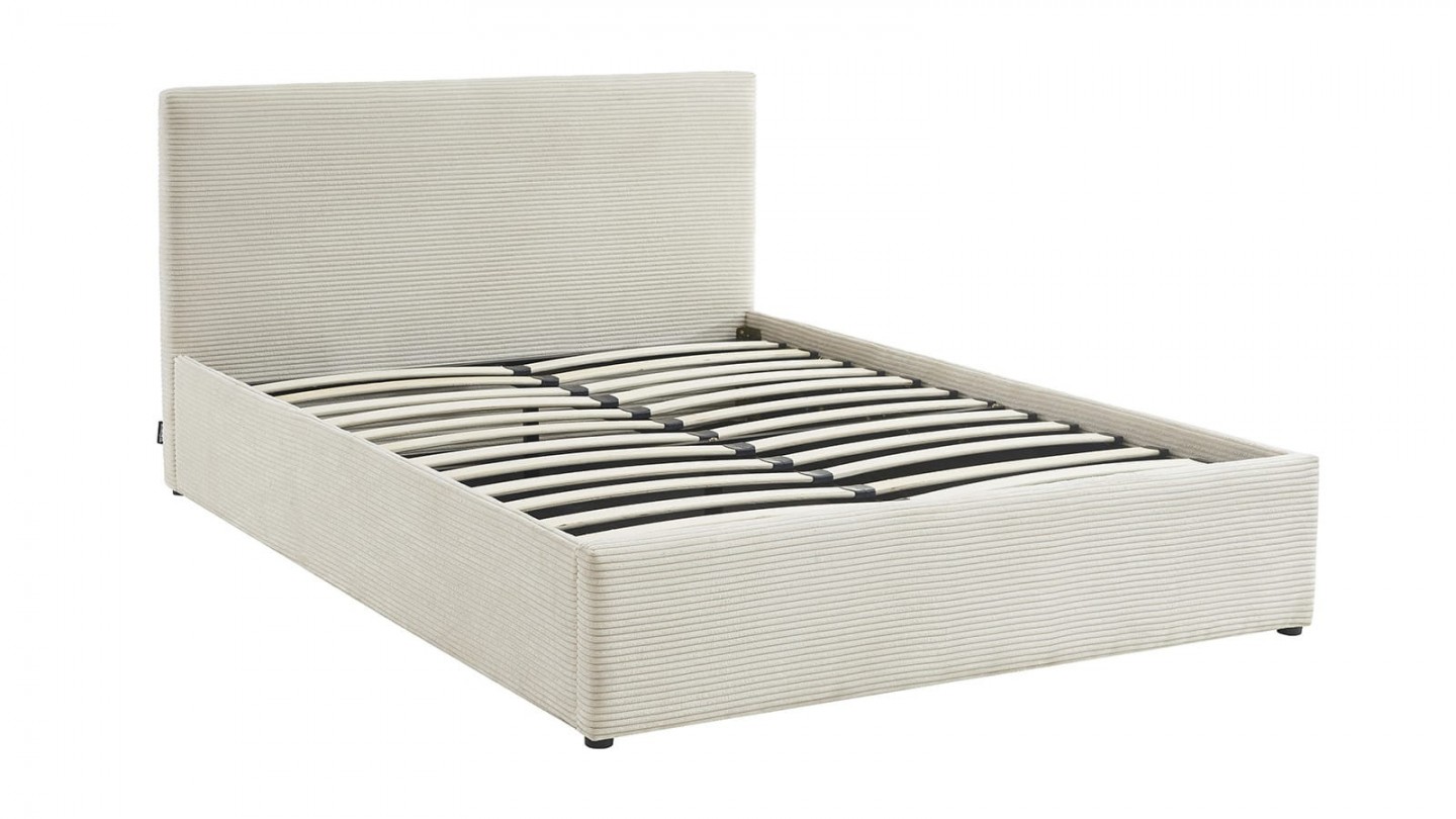 Ensemble lit coffre 140x190 en velours côtelé beige Tina + Matelas Hybride ressorts ensachés + mémoire de forme - Spring Elite