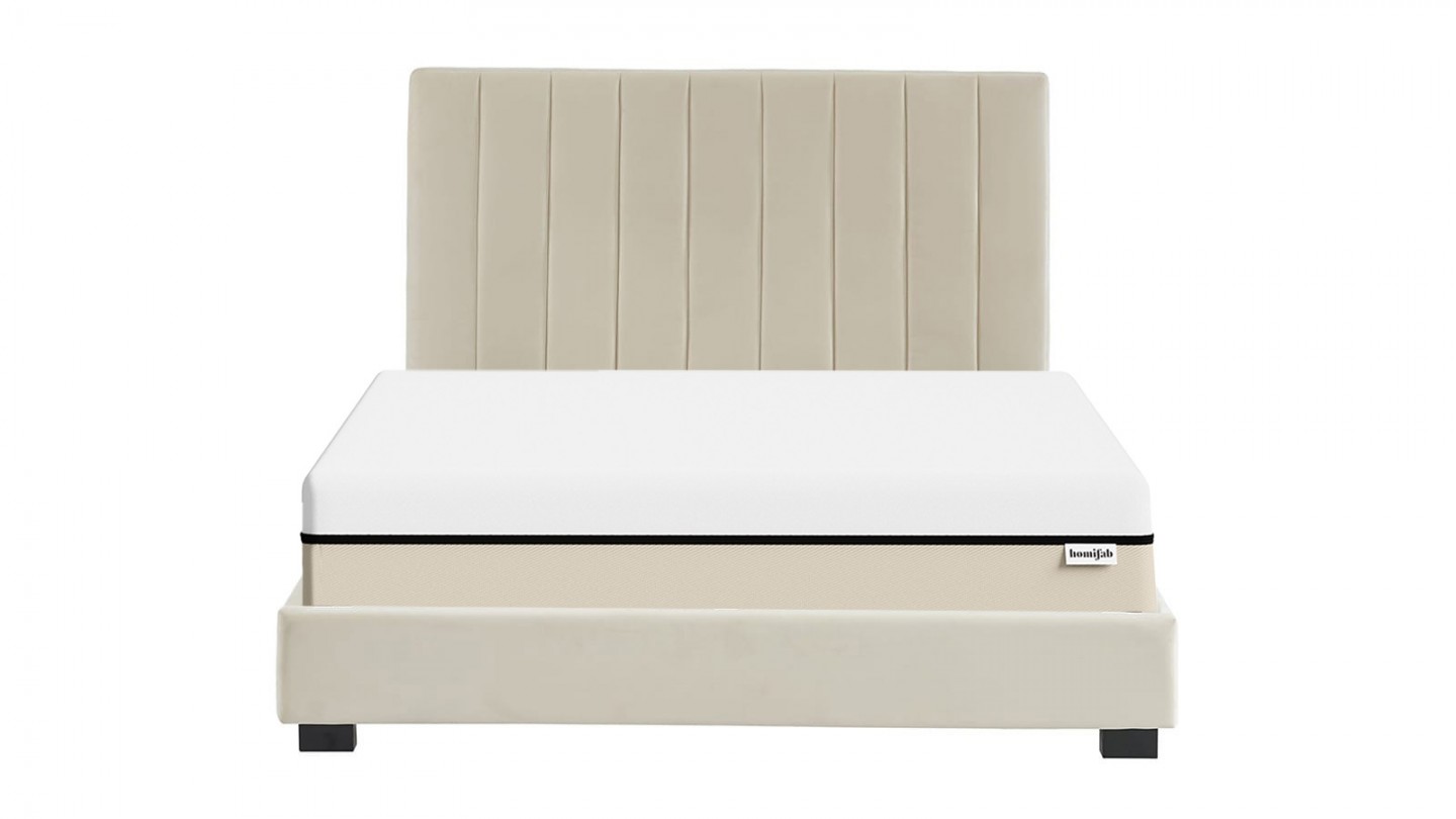 Ensemble lit 140x190 en velours beige William + Matelas Hybride à ressorts ensachés et mémoire de forme - Spring Elite