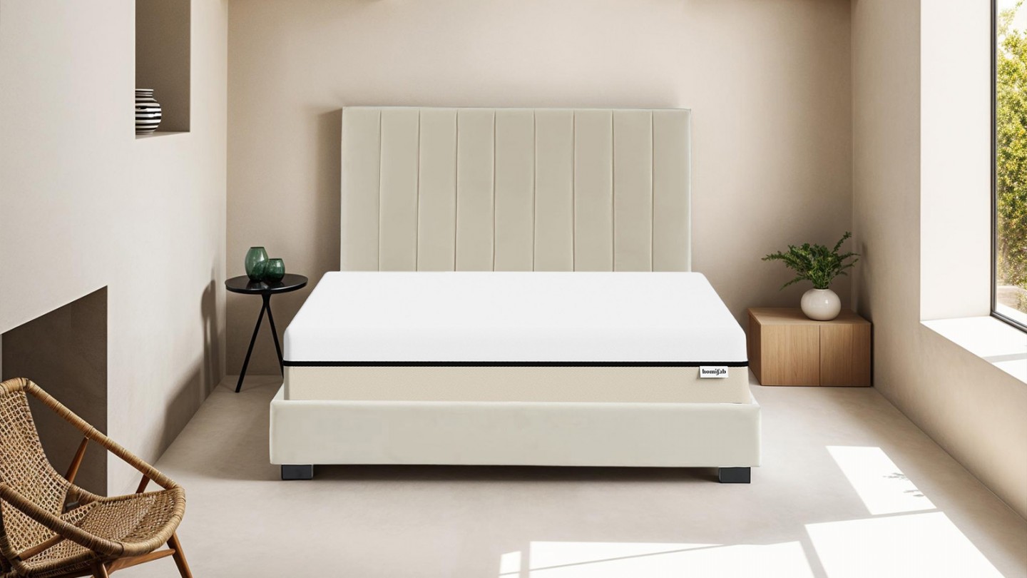 Ensemble lit 140x190 en velours beige William + Matelas Hybride à ressorts ensachés et mémoire de forme - Spring Elite