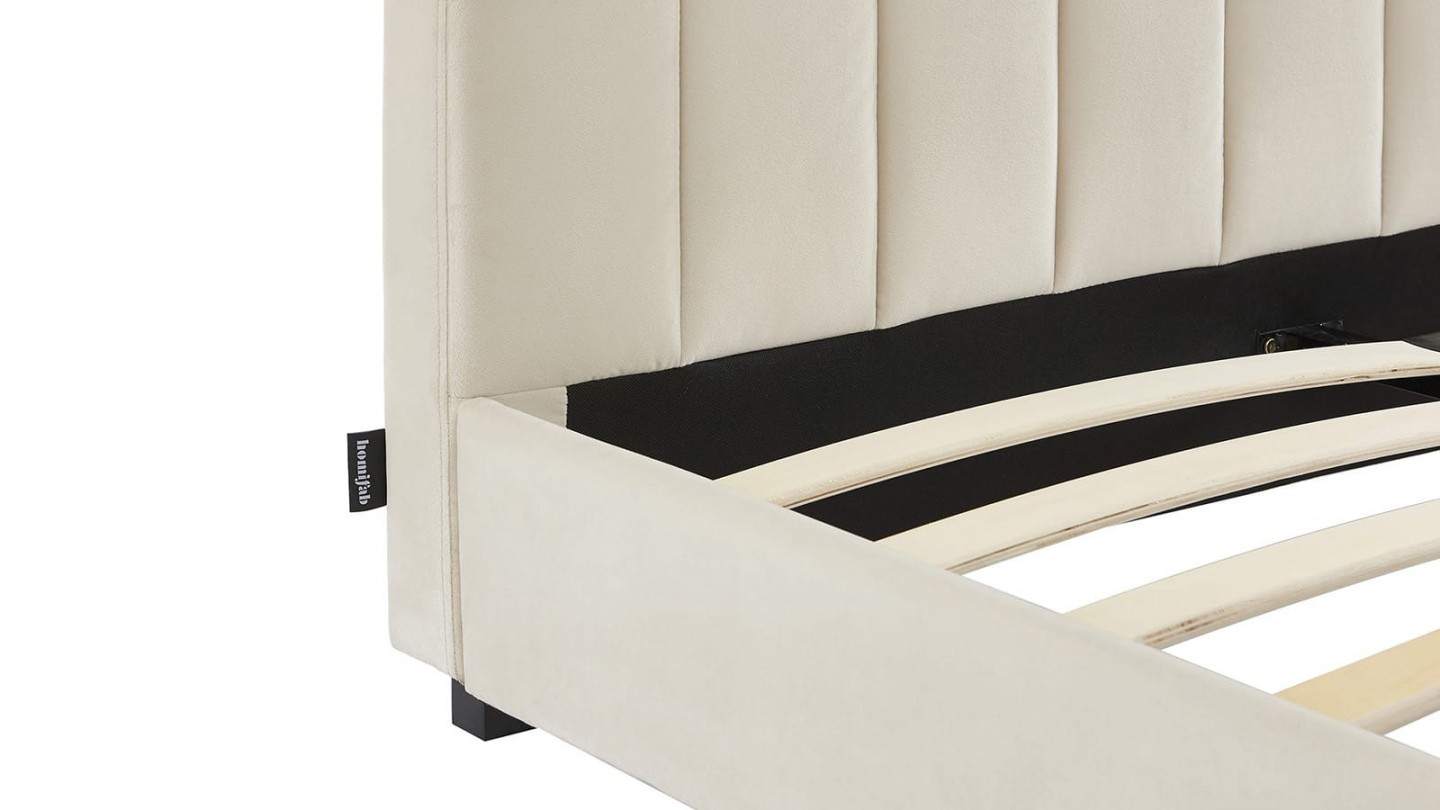 Ensemble lit 140x190 en velours beige William + Matelas Hybride à ressorts ensachés et mémoire de forme - Spring Elite