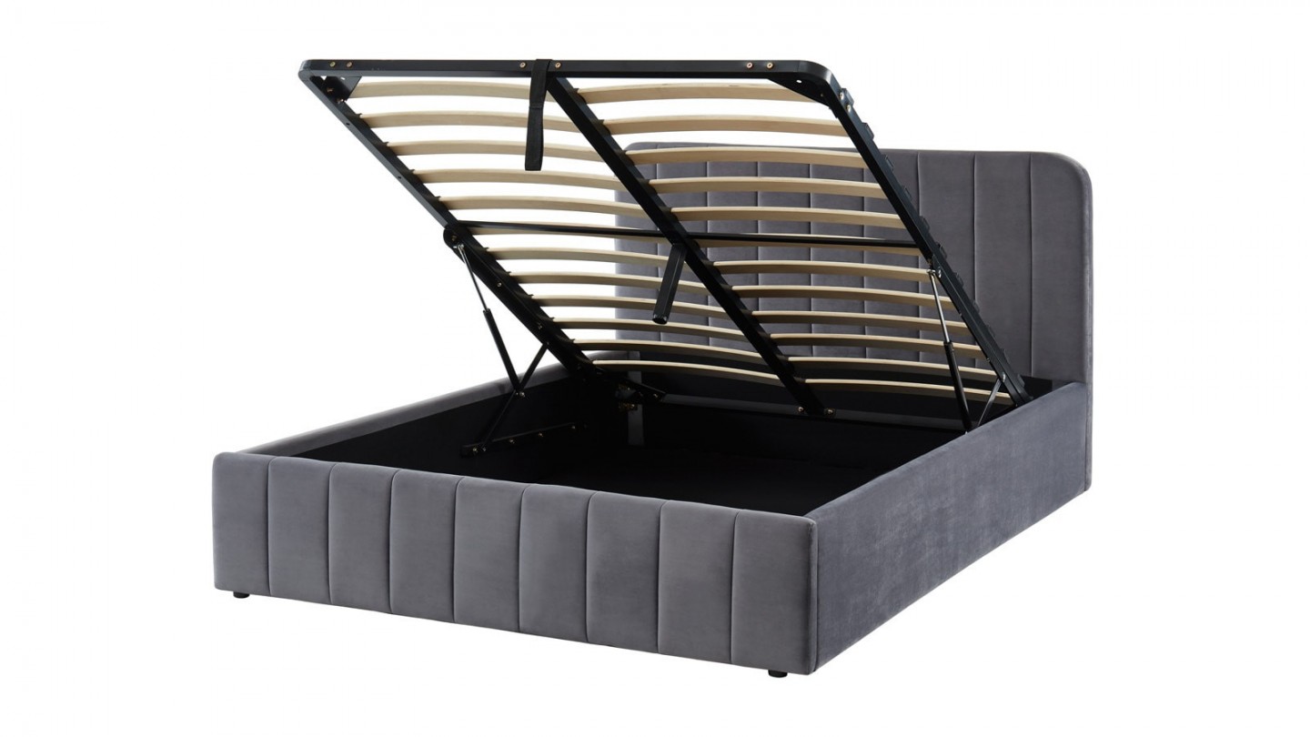 Ensemble lit coffre 140x190 en velours gris anthracite Ava + Matelas Hybride ressorts ensachés + mémoire de forme - Spring Elite