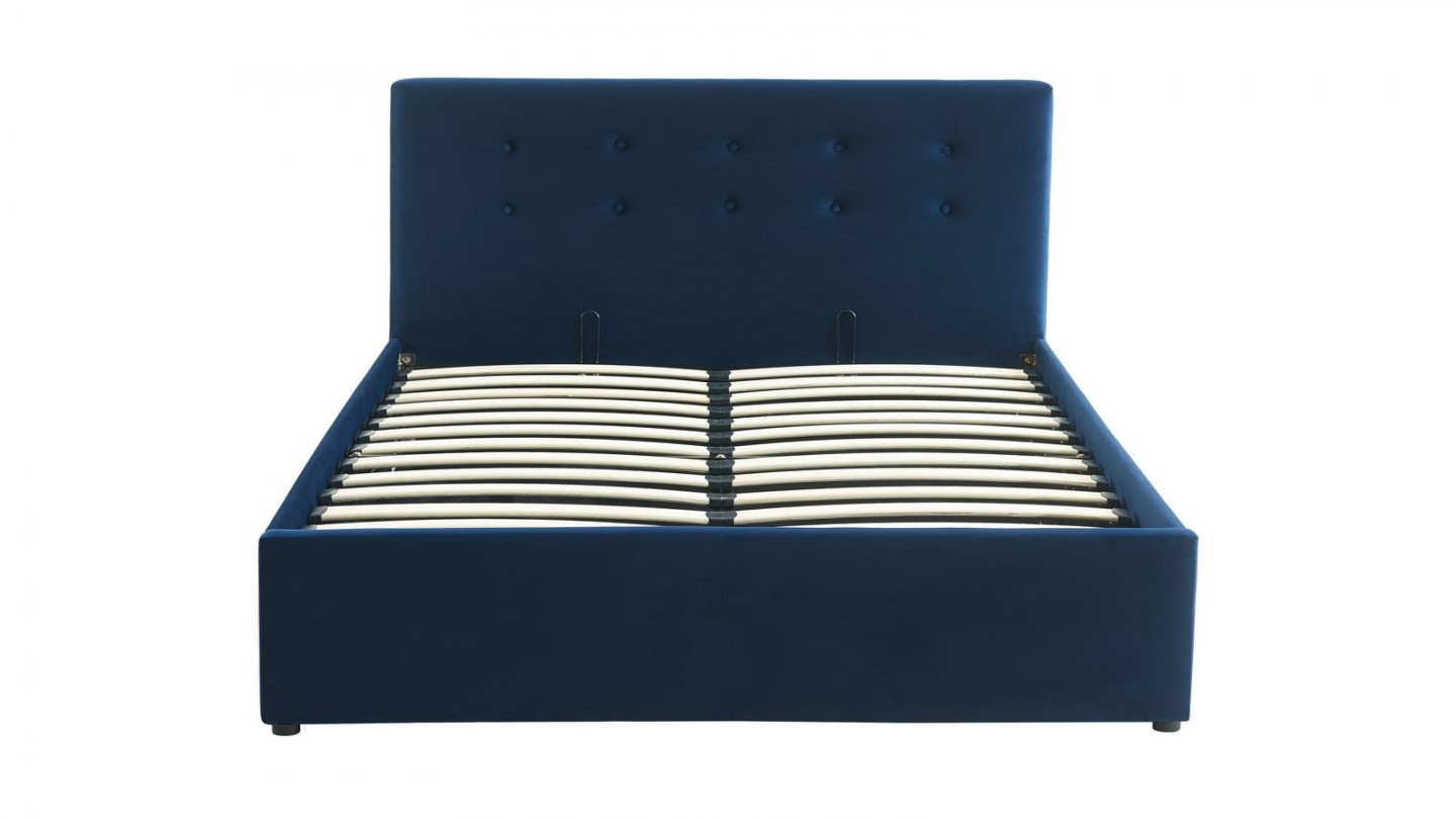 Ensemble lit coffre 140x190 en velours bleu foncé Tina + Matelas Hybride à ressorts ensachés et mémoire de forme - Spring Elite