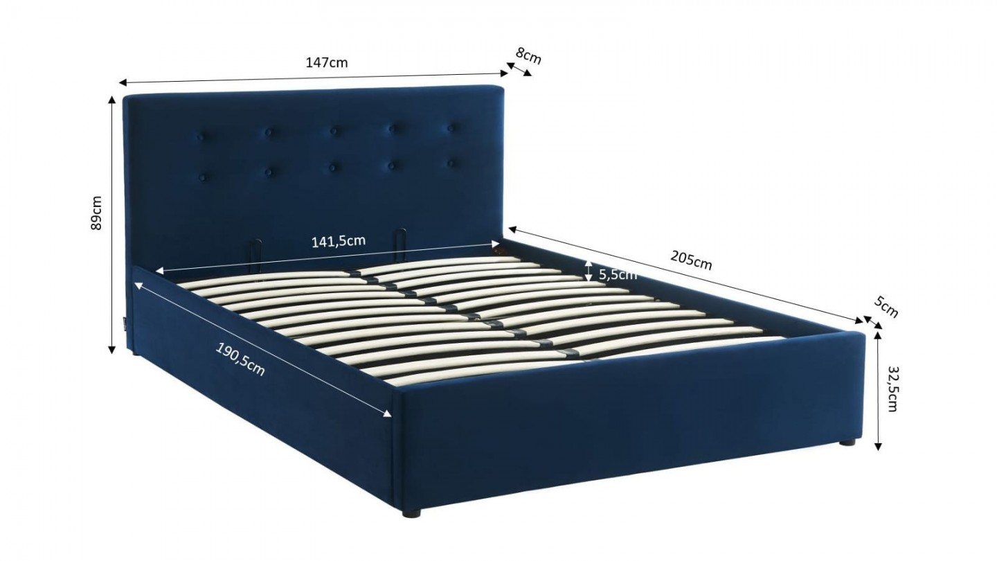 Ensemble lit coffre 140x190 en velours bleu foncé Tina + Matelas Hybride à ressorts ensachés et mémoire de forme - Spring Elite