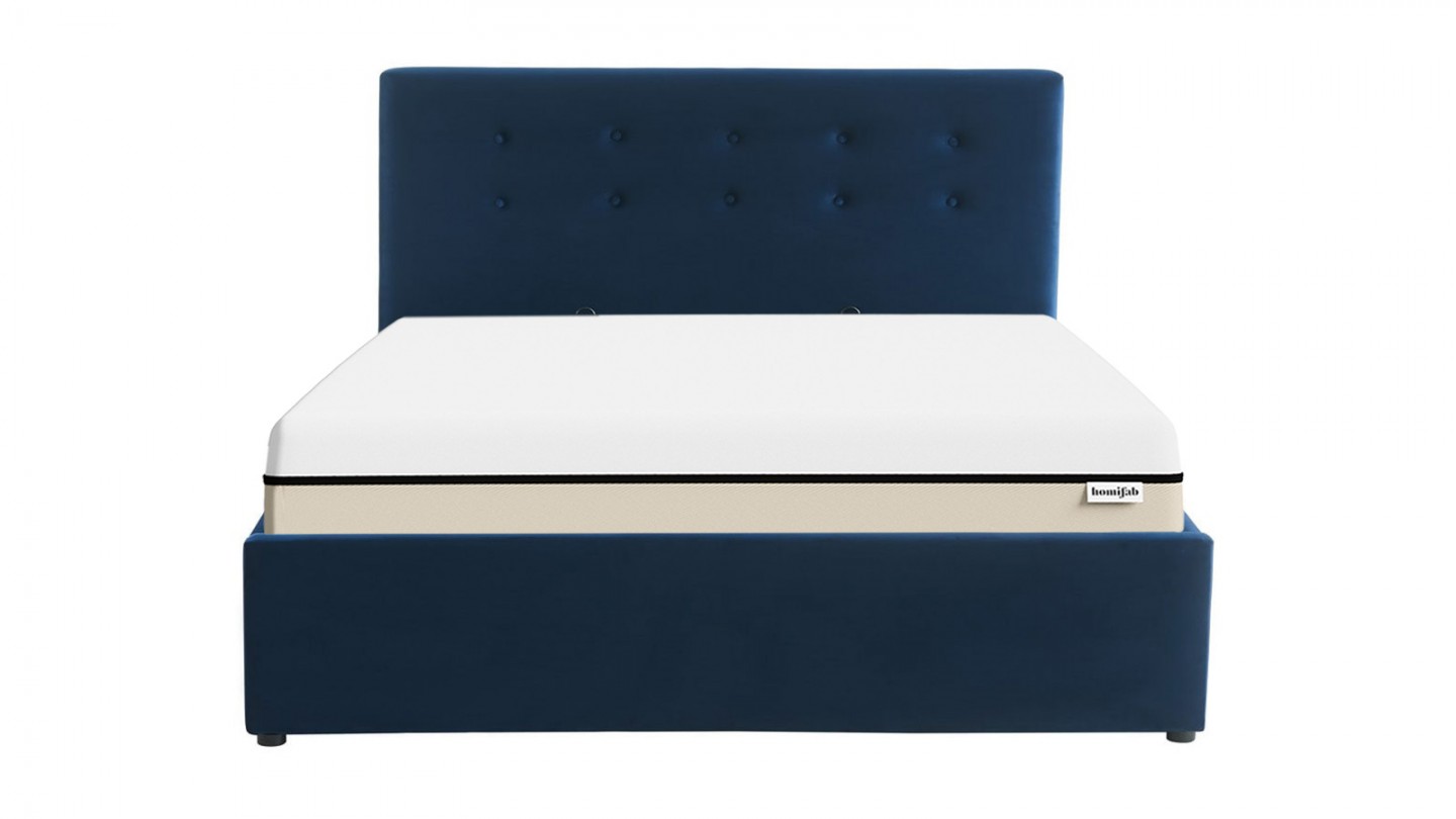 Ensemble lit coffre 140x190 en velours bleu foncé Tina + Matelas Hybride à ressorts ensachés et mémoire de forme - Spring Elite